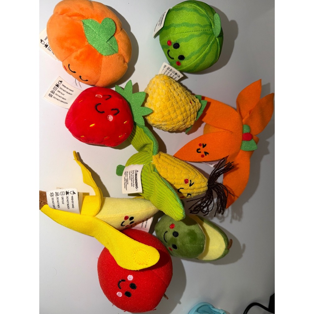 Plush Fruit and Vegetable Toy Set 9pc Embroidered Smiley Faces Soft Play Food
